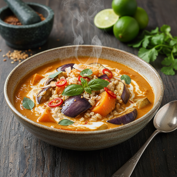 Spicy Thai Eggplant & Kumara Coconut Curry with Pearl Barley recipe