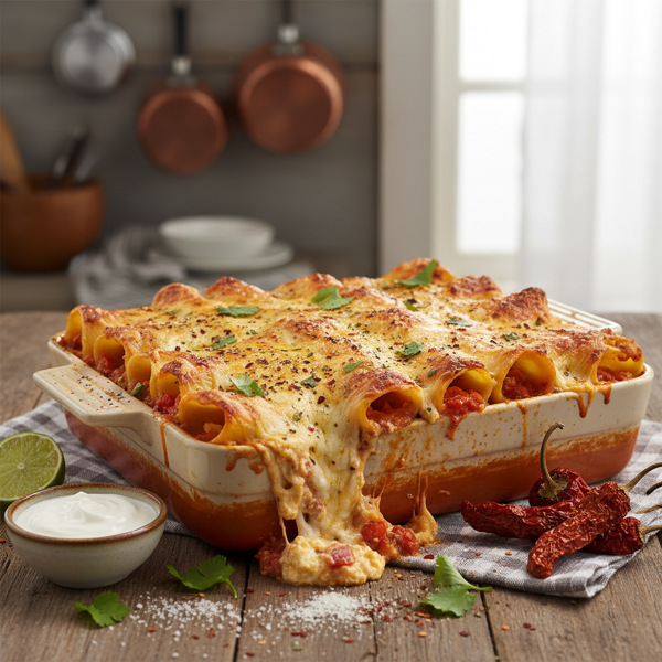Spicy Three Cheese Chipotle Manicotti Bake recipe