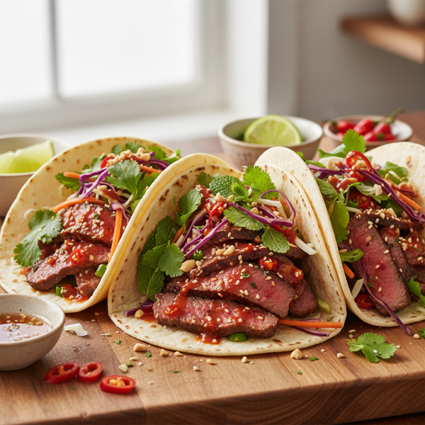 Spicy Vietnamese Flank Steak Tacos with Herb Salad recipe