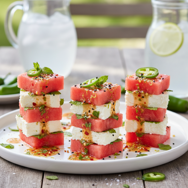 Spicy Watermelon Feta Stacks with Zesty Chile Vinaigrette recipe