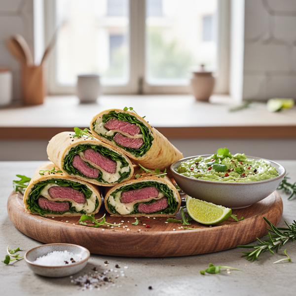 Steak and Arugula Cheese Wraps with Zesty Avocado Dip recipe
