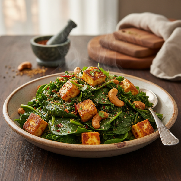 Stir-Fried Greens with Paneer and Spiced Cashews recipe