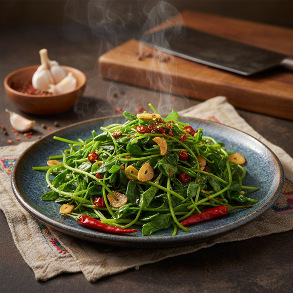 Stir-Fried Sichuan Pea Shoots with Garlic & Spice recipe