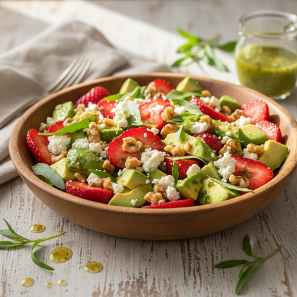 Strawberry Avocado Feta Salad with Toasted Walnuts and Tarragon Dressing recipe