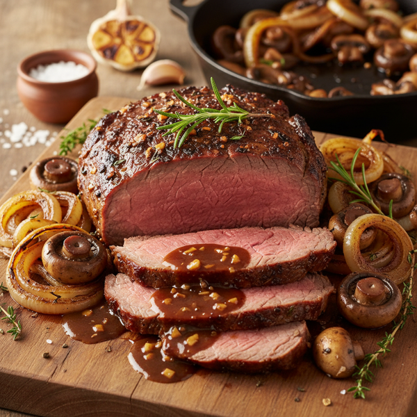Succulent Garlic-Infused Roast Beef with Savory Mushrooms and Caramelized Onions recipe