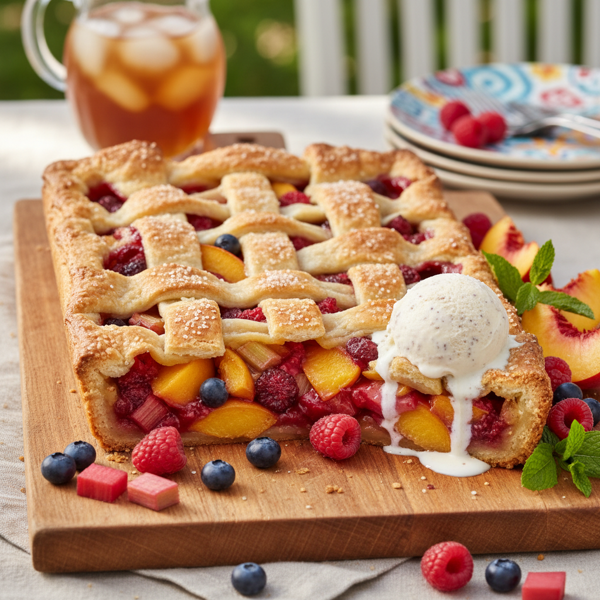 Summer Bliss Peach-Berry Rhubarb Slab Pie recipe