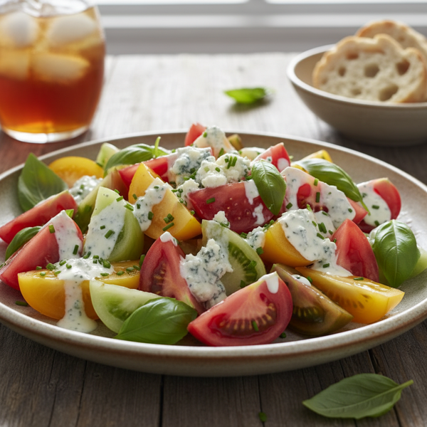 Summer Heirloom Tomato Salad with Creamy Blue Cheese Dressing recipe