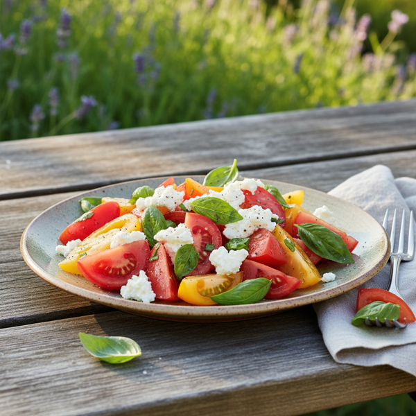 Summer Tomato Basil Salad with Creamy Goat Cheese recipe