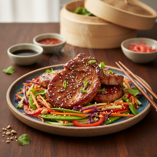 Sweet & Savory Asian-Style Pork Chops with Crunchy Vegetable Medley recipe