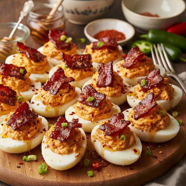 Sweet and Spicy Deviled Eggs with Crispy Candied Bacon recipe