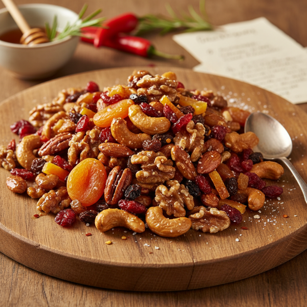 Sweet and Spicy Honey-Glazed Nut Medley with Dried Fruits recipe