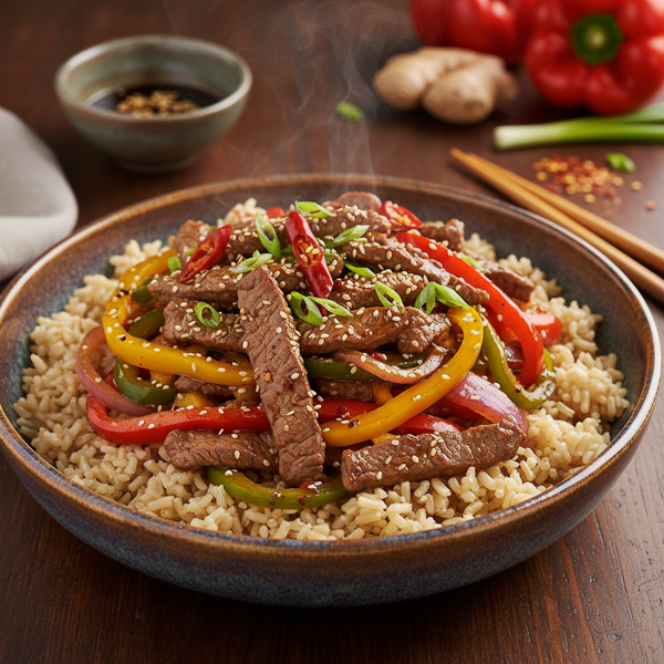 Sweet and Spicy Pepper Steak Stir-Fry with Brown Rice recipe