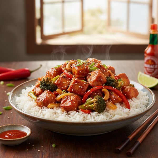 Sweet and Spicy Sriracha Chicken Stir-Fry over Rice recipe