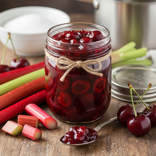 Sweet and Tangy Rhubarb Cherry Jam recipe