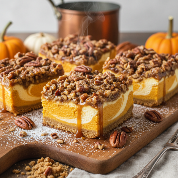 Swirled Pumpkin Cheesecake Praline Bars recipe