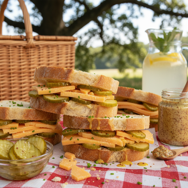Tangy Cheddar Picnic Sandwiches with Quick Sweet Pickles recipe