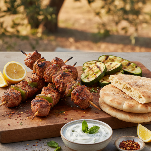 Tangy Spicy Lamb Kebabs with Grilled Zucchini & Warm Greek Pita recipe