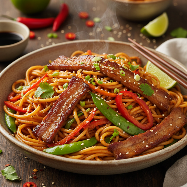 Tangy Spicy Pork Lo Mein Delight recipe