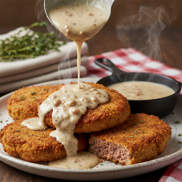 Tender Ground Beef Country Fried Steaks with Creamy Milk Gravy recipe