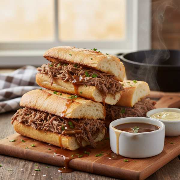 Tender Shredded Beef French Dip Sandwiches recipe