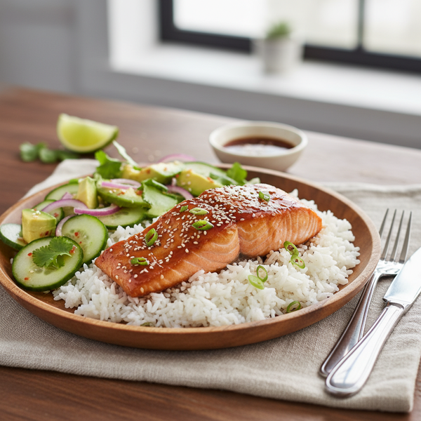 Teriyaki-Style Salmon with Avocado Cucumber Salad recipe