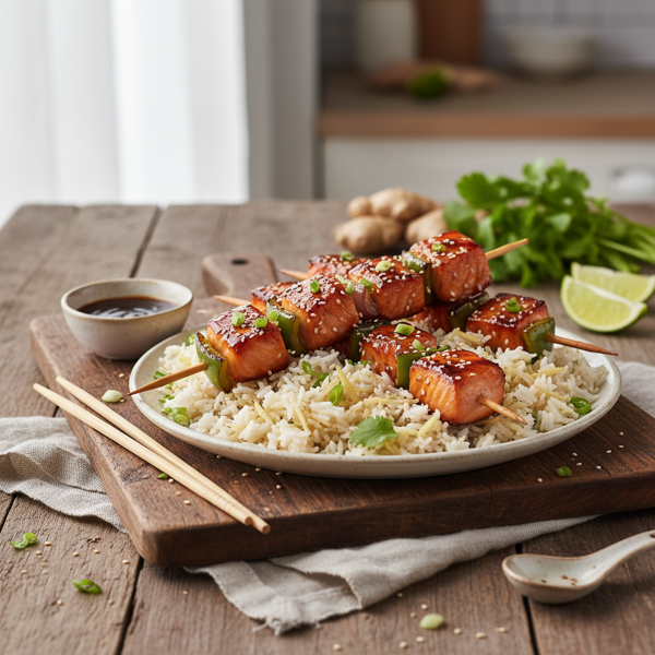 Teriyaki Salmon Skewers with Ginger Rice recipe