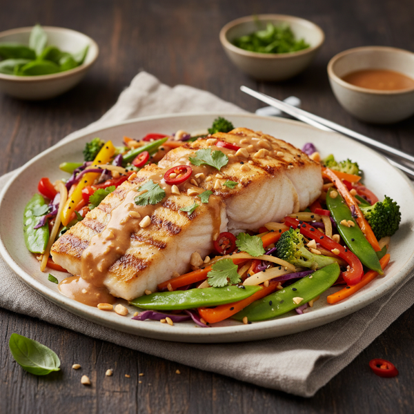 Thai-Inspired Broiled Halibut with Colorful Stir-Fried Vegetables recipe