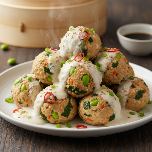 Tofu & Vegetable Steamed Balls with Soy Milk Sauce recipe