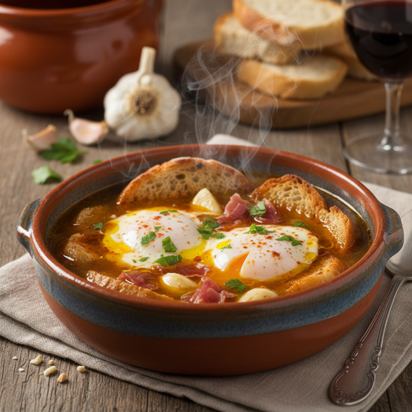 Traditional Spanish Garlic Soup with Poached Eggs recipe