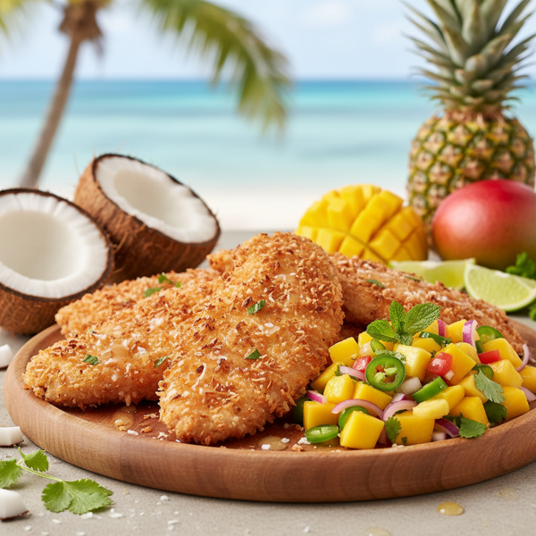Tropical Crispy Coconut Chicken with Mango-Pineapple Salsa recipe