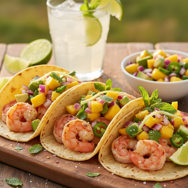 Tropical Mojito Shrimp Tacos with Avocado Mango Salsa recipe
