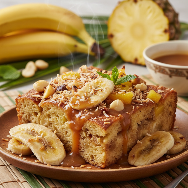Tropical Ohana Bread Pudding with Bananas Foster Bliss Sauce recipe