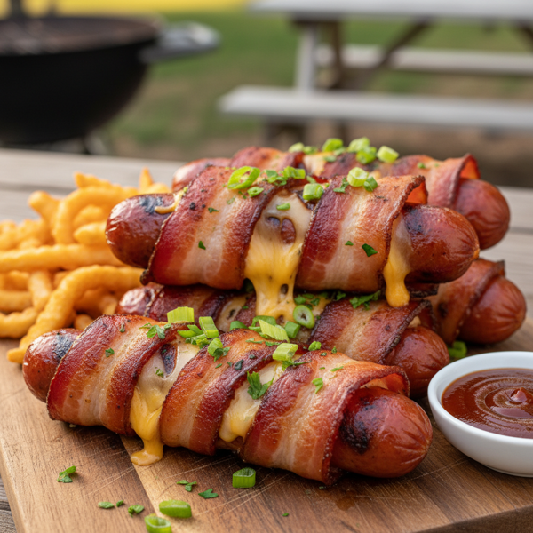 Ultimate Bacon-Wrapped Cheese-Stuffed Hot Dogs recipe