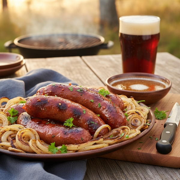 Ultimate Beer-Infused Brats with Grilled Onions recipe
