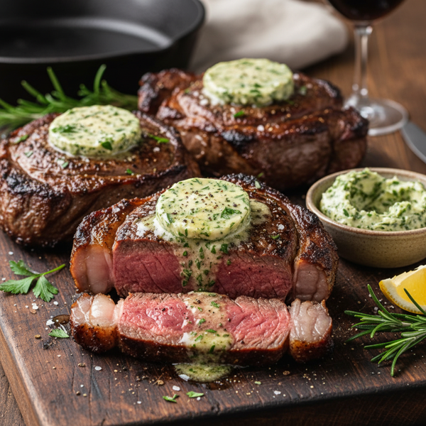 Ultimate Broiled Ribeye Steaks with Herb Butter recipe