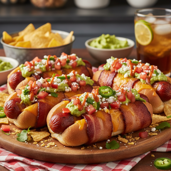 Ultimate Cheesy Tex-Mex Bacon-Wrapped Hot Dogs recipe
