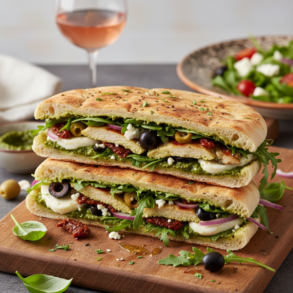 Ultimate Chicken Pesto and Olive Flatbread Sandwich recipe