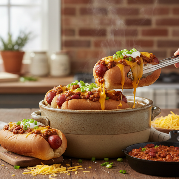 Ultimate Crock Pot Cheesy Chili Dogs recipe