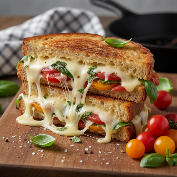 Ultimate Four Cheese Panini with Fresh Basil and Heirloom Tomatoes recipe