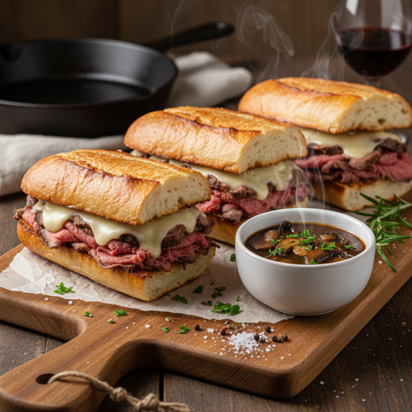 Ultimate French Dip Roast Beef Sandwiches with Savory Mushroom Au Jus recipe