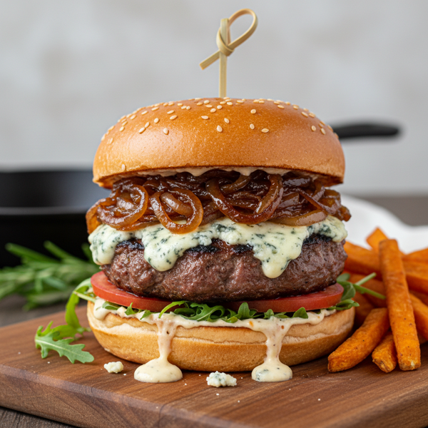 Ultimate Gourmet Burger with Sweet Caramelized Onions and Blue Cheese recipe