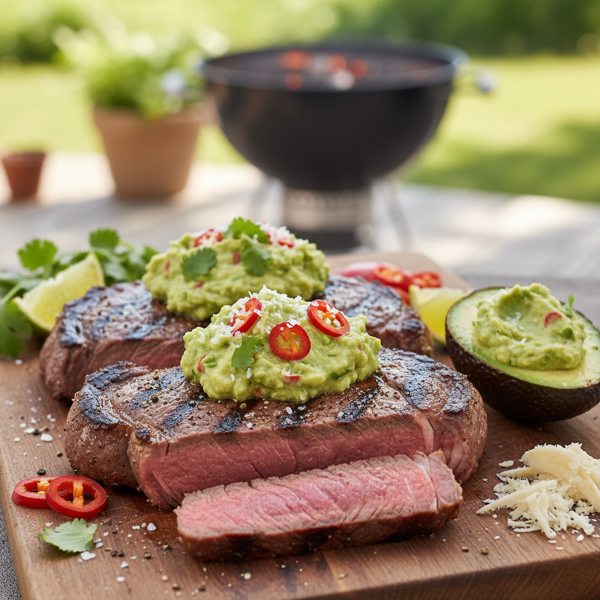 Ultimate Grilled New York Strip Steaks with Spicy Horseradish Guacamole recipe