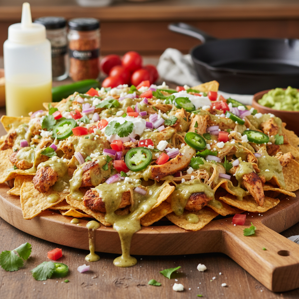 Ultimate Loaded Roasted Chicken Nachos with Creamy Green Chili Cheese Sauce recipe