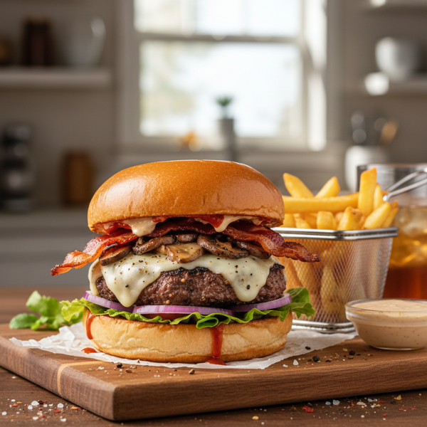 Ultimate Pepper Bacon Mushroom Swiss Burger recipe