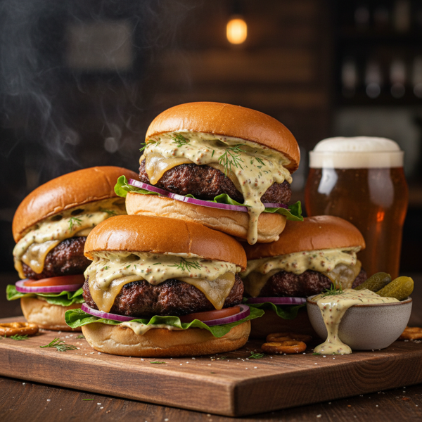 Ultimate Smoky Gouda Beer Burgers with Creamy Mustard Dill Sauce recipe