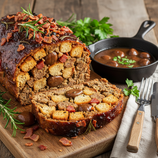 Ultimate Stuffed Meatloaf with Pancetta and Chestnut Ciabatta Stuffing recipe