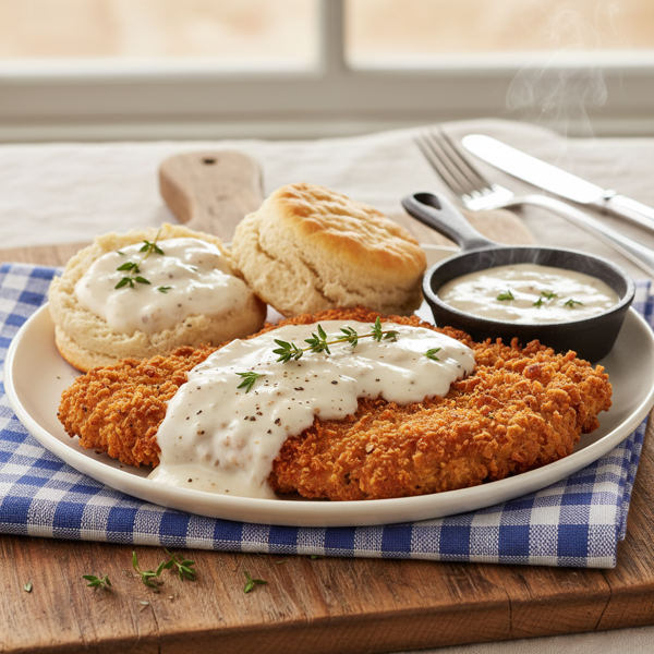 Vegan Southern-Style Chicken Fried Steak with Gravy and Biscuits recipe