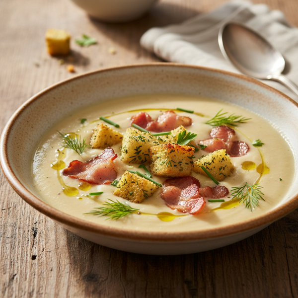 Velvety Celeriac Soup with Pancetta Crisps and Herbed Croutons recipe