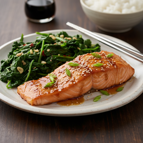 Velvety Microwave Teriyaki Salmon with Garlic Spinach recipe