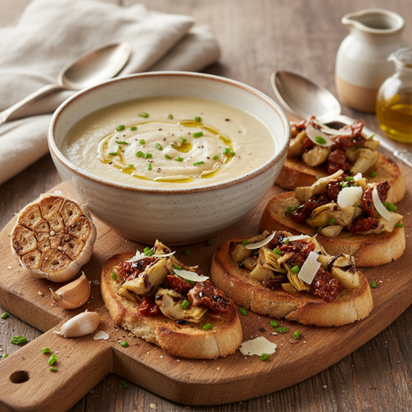 Velvety Roasted Garlic Soup with Savory Artichoke Bruschetta recipe